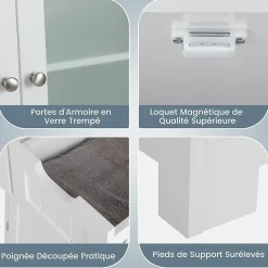 Meuble de Rangement sur Pied avec Compartiment à Porte en Verre Trempé 2 Tiroirs et 1 Cabinet Clôturé Meuble dIntérieur