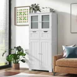 Meuble de Rangement sur Pied avec Compartiment à Porte en Verre Trempé 2 Tiroirs et 1 Cabinet Clôturé Meuble dIntérieur