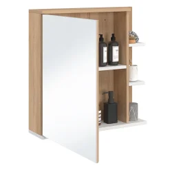 Meuble de rangement suspendu avec miroir et étagères pour salle de bain TOMI façon hêtre et blanc