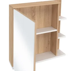 Meuble de rangement suspendu avec miroir et étagères pour salle de bain TOMI façon hêtre et blanc