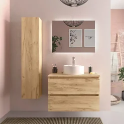 Meuble de salle de bain - 80 cm - Avec vasque à poser - Effet chêne brut - A suspendre - KARAIB