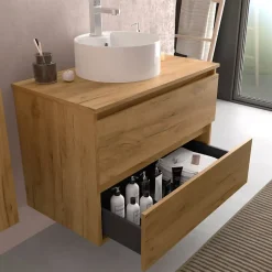 Meuble de salle de bain - 80 cm - Avec vasque à poser - Effet chêne brut - A suspendre - KARAIB