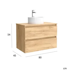 Meuble de salle de bain - 80 cm - Avec vasque à poser - Effet chêne brut - A suspendre - KARAIB