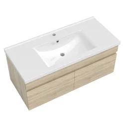 Meuble de salle de bain 100 cm avec vasque suspendu 2 portes, meuble bois clair