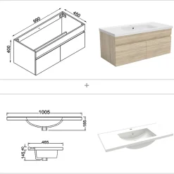 Meuble de salle de bain 100 cm avec vasque suspendu 2 portes, meuble bois clair