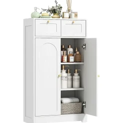 Meuble de salle de bain - 2 tiroirs, 2 portes, étagères réglables - dim. 60 x 30 x 108 cm - blanc