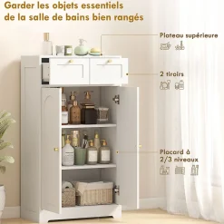 Meuble de salle de bain - 2 tiroirs, 2 portes, étagères réglables - dim. 60 x 30 x 108 cm - blanc