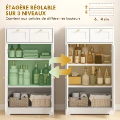 Meuble de salle de bain - 2 tiroirs, 2 portes, étagères réglables - dim. 60 x 30 x 108 cm - blanc