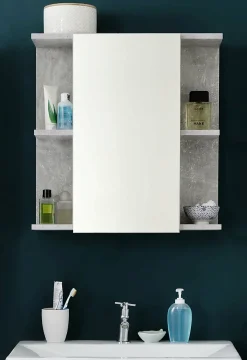 Meuble de salle de bain - Armoire de toilette avec miroir et LED en mélaminé blanc-gris. L-H-P:60-62-20cm