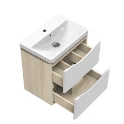 Meuble de salle de bain avec vasque 50 cm, meuble blanc et bois avec 2 tiroirs, meuble démonté