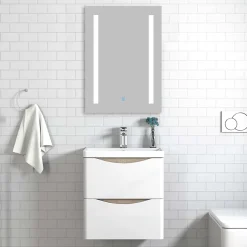 Meuble de salle de bain avec vasque 50 cm, meuble blanc et bois avec 2 tiroirs, meuble démonté