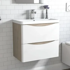 Meuble de salle de bain avec vasque 60 cm, meuble blanc et bois avec 2 tiroirs, meuble démonté