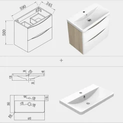 Meuble de salle de bain avec vasque 60 cm, meuble blanc et bois avec 2 tiroirs, meuble démonté