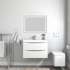 Meuble de salle de bain avec vasque 80 cm, meuble blanc et bois avec 2 tiroirs, meuble démonté