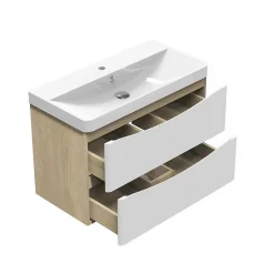 Meuble de salle de bain avec vasque 80 cm, meuble blanc et bois avec 2 tiroirs, meuble démonté