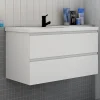 Meuble de salle de bain avec lavabo, 100 cm, 2 tiroirs avec fermeture amortie, meuble suspendu blanc