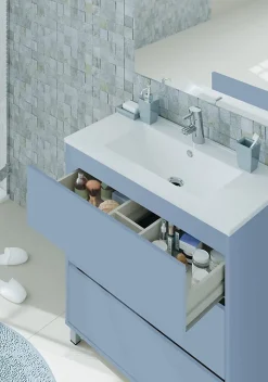 Meuble de salle de bain avec 3 portes coloris bleu azul - Hauteur 88 x Longueur 81 x Profondeur 47 cm
