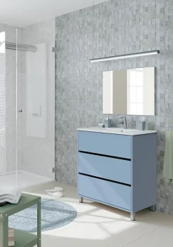 Meuble de salle de bain avec 3 portes coloris bleu azul - Hauteur 88 x Longueur 81 x Profondeur 47 cm
