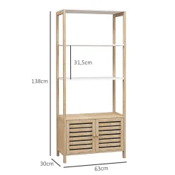 Meuble de Salle de Bain avec 3 étagères en Bambou 1 Placard avec Portes à Lattes 63 x 30 x 138 cm Bois Naturel et Blanc