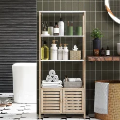 Meuble de Salle de Bain avec 3 étagères en Bambou 1 Placard avec Portes à Lattes 63 x 30 x 138 cm Bois Naturel et Blanc