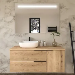 Meuble de salle de bain avec vasque à poser arrondie KING et miroir Led STAM - Roble (chêne clair) - 120cm