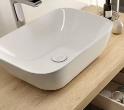 Meuble de salle de bain avec vasque à poser arrondie KING et miroir Led STAM - Roble (chêne clair) - 120cm