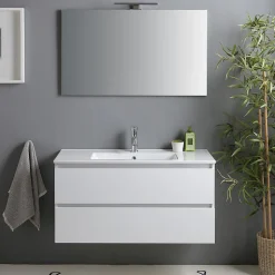 Meuble De Salle De Bain Avec Tiroirs 100Cm Lavabo Et Miroir Blanc Brillant - Benaco