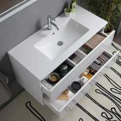 Meuble De Salle De Bain Avec Tiroirs 100Cm Lavabo Et Miroir Blanc Brillant - Benaco