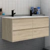 Meuble de salle de bain avec double vasque chêne, 120 cm meuble chêne avec lavabo meuble à 4 tiroirs