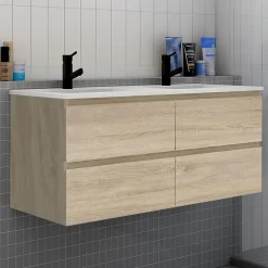 Meuble de salle de bain avec double vasque chêne, 120 cm meuble chêne avec lavabo meuble à 4 tiroirs