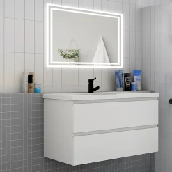 Meuble de salle de bain avec vasque, 100 cm 2 tiroirs à fermeture amortie blanc, meuble suspendu