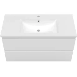 Meuble de salle de bain avec vasque, 100 cm 2 tiroirs à fermeture amortie blanc, meuble suspendu