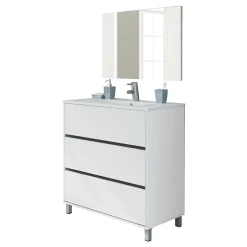 Meuble de salle de bain avec 3 portes coloris blanc - Hauteur 88 x Longueur 81 x Profondeur 47 cm
