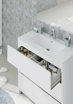 Meuble de salle de bain avec 3 portes coloris blanc - Hauteur 88 x Longueur 81 x Profondeur 47 cm