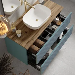 Meuble de salle de bain avec vasque, miroir et applique LED BOREAL 100x45 cm finition Bleu Océan mat 2 tiroirs suspendus Kibath