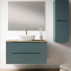 Meuble de salle de bain avec vasque, miroir et applique LED BOREAL 100x45 cm finition Bleu Océan mat 2 tiroirs suspendus Kibath