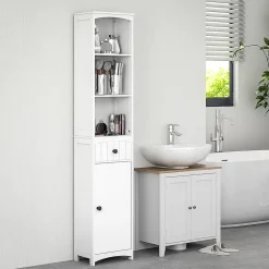 Meuble de salle de bain, armoire haute à 3 étagères et 1 tiroir, étagère de salle de bain, meuble de salle de bain, blanc