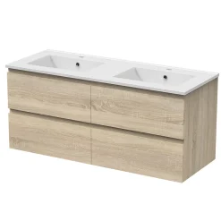 Meuble de salle de bain chêne 120cm, suspendu avec 4 tiroirs