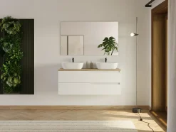 Meuble de salle de bain 120cm avec plateau miel et 2 vasques à poser Zeus - 2 tiroirs - sans miroir - blanc - LUNA