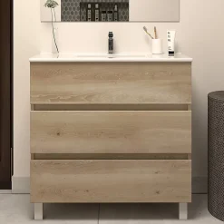 Meuble de salle de bain 60cm simple vasque - 3 tiroirs - nebraska (bois clair) - MAYOR