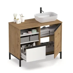 Meuble de salle de bain coloris chêne doré / pieds noir - Hauteur 81 x Longueur 100 x Profondeur 51 cm