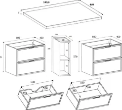 Meuble de salle de bain, Chêne Craft, poignée dorée, 140 ( 2 x 60 + 20) x 46 x 57 cm