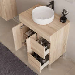 Meuble de salle de bain 80cm sur pieds avec plateau et 1 vasque à poser Ares - sans miroir - portes et tiroirs - cambrian - HARO