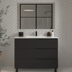 Meuble de salle de bain 90cm simple vasque - 3 tiroirs - noir - MATA