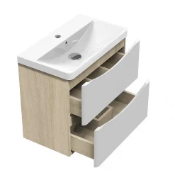 Meuble de salle de bain 60cm avec 2 tiroirs, suspendu Blanc + Chêne