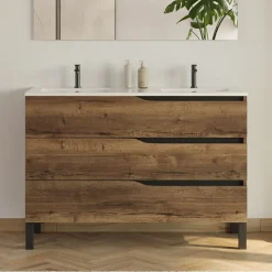 Meuble de salle de bain 120cm avec double vasque - 3 tiroirs et colonne de rangement - tabaco (chêne foncé) - MATA