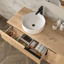 Meuble de salle de bain 100cm avec vasque à poser ronde - 2 tiroirs - roble (chêne clair) - KING