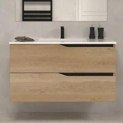 Meuble de salle de bain 100cm simple vasque - sans miroir - 2 tiroirs - madera miel (bois clair) - LUNA