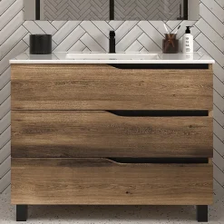 Meuble de salle de bain 90cm simple vasque - 3 tiroirs - sans miroir - tabaco (chêne foncé) - MATA