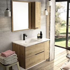 Meuble de salle de bain 80cm vasque déportée - 2 tiroirs - miroir avec armoirette - KING - Roble (chêne clair)